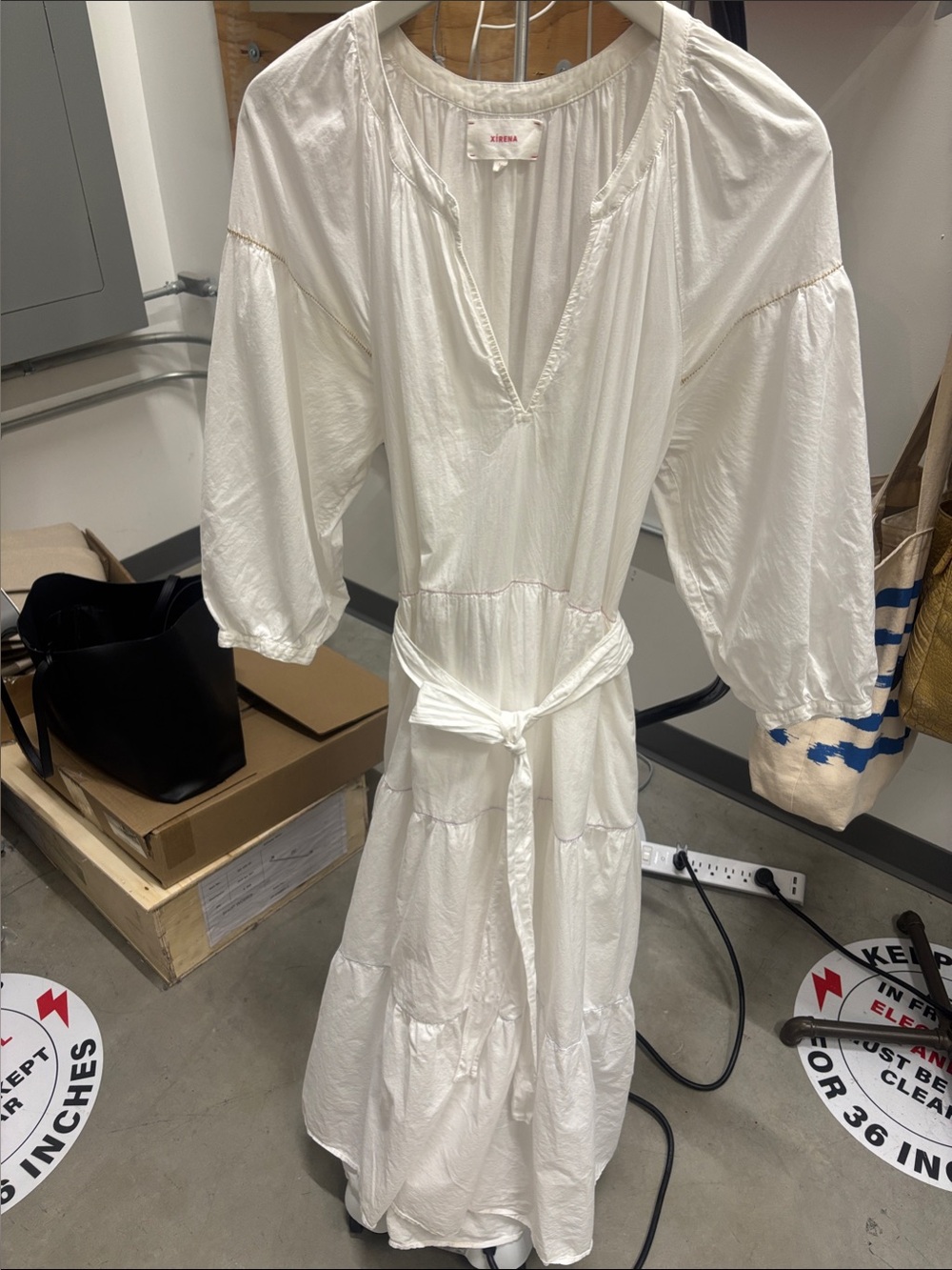 XiRENA Ivory V-Neck Tiered Maxi Dress with Tie Waist